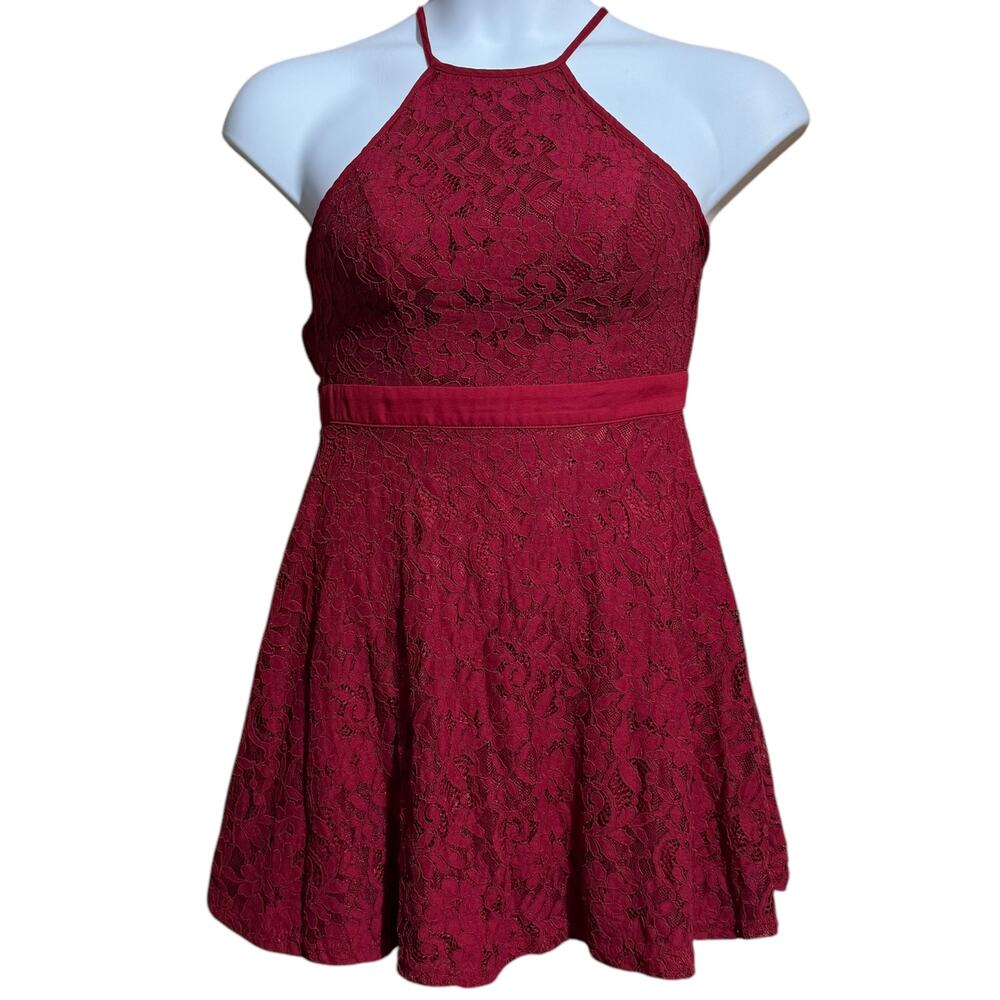 Lulus‎ Twirling Around Wine Red Lace Skater open back mini Dress Size Small